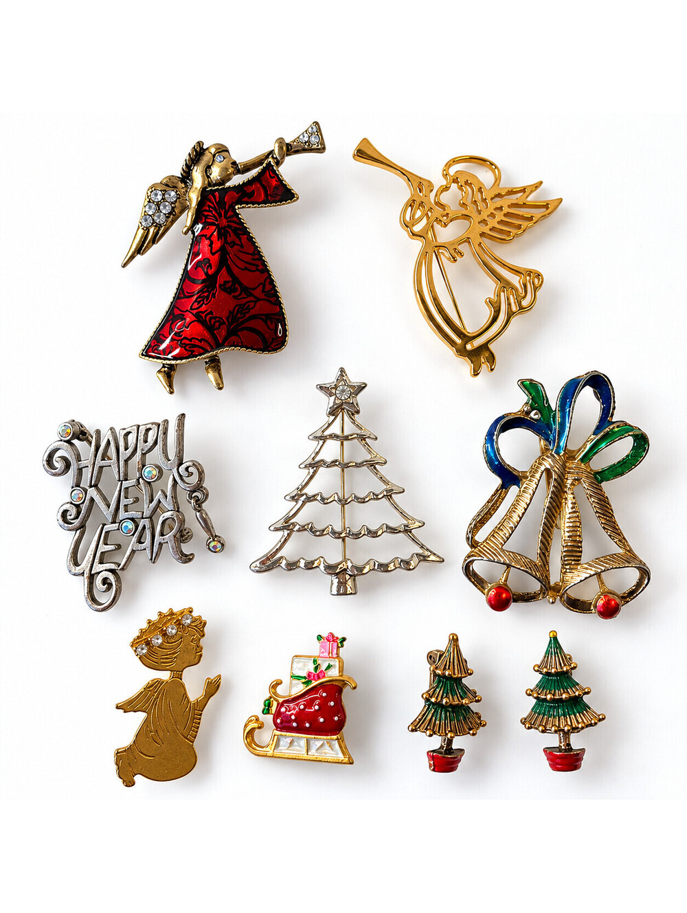 Vintage Style Christmas Brooch Pin Lot of 9 Angels Trees Bells Sleigh Holiday